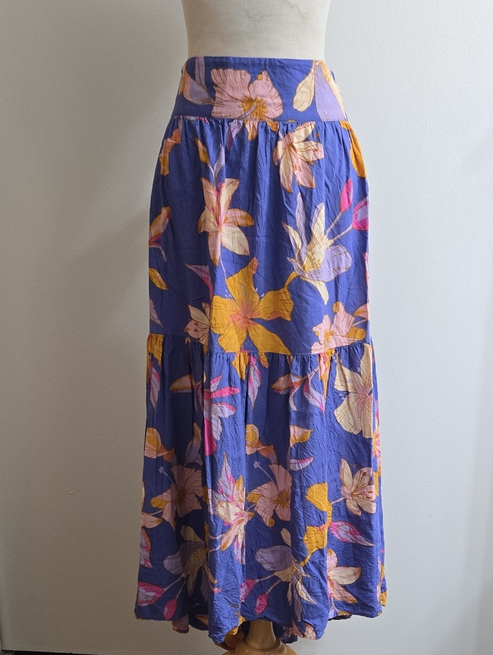 Tiered Floral Maxi Skirt in Purple with Yellow & Pink Accents/Size Med